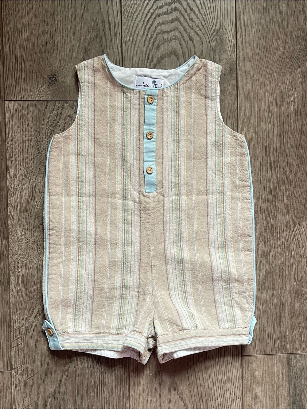 Love + Grow Clothing Co Seaside Jon Jon Tan Beige Blue 4T Linen Romper